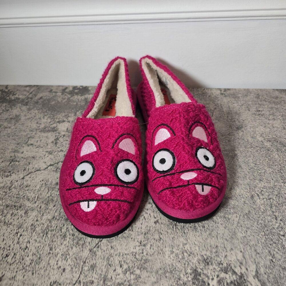 REDWOLF Pink Kitty Plush Slippers Shoes Firm Rubber Soles Size 9 New